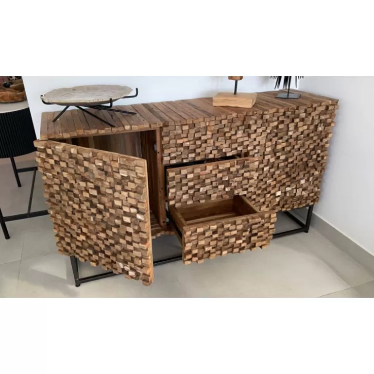 Bahut / Buffet 2 portes 3 tiroirs en relief en teck massif recyclé - Orlando 145cm<Meubles Moss Outlet