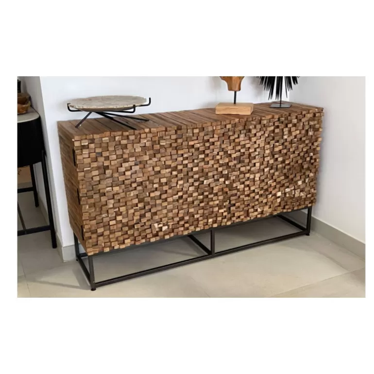 Bahut / Buffet 2 portes 3 tiroirs en relief en teck massif recyclé - Orlando 145cm<Meubles Moss Outlet