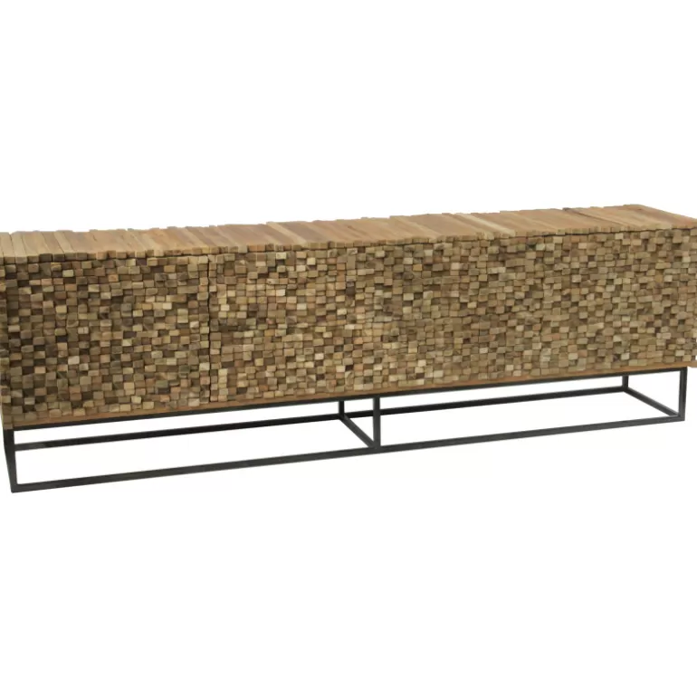 Bahut / Buffet bas 2 portes 4 tiroirs en relief en teck massif recyclé - Orlando 230cm<Meubles Moss Shop