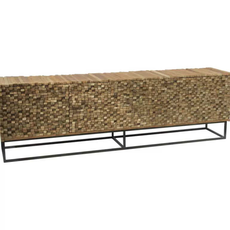 Bahut / Buffet bas 2 portes 4 tiroirs en relief en teck massif recyclé - Orlando 230cm<Meubles Moss Shop