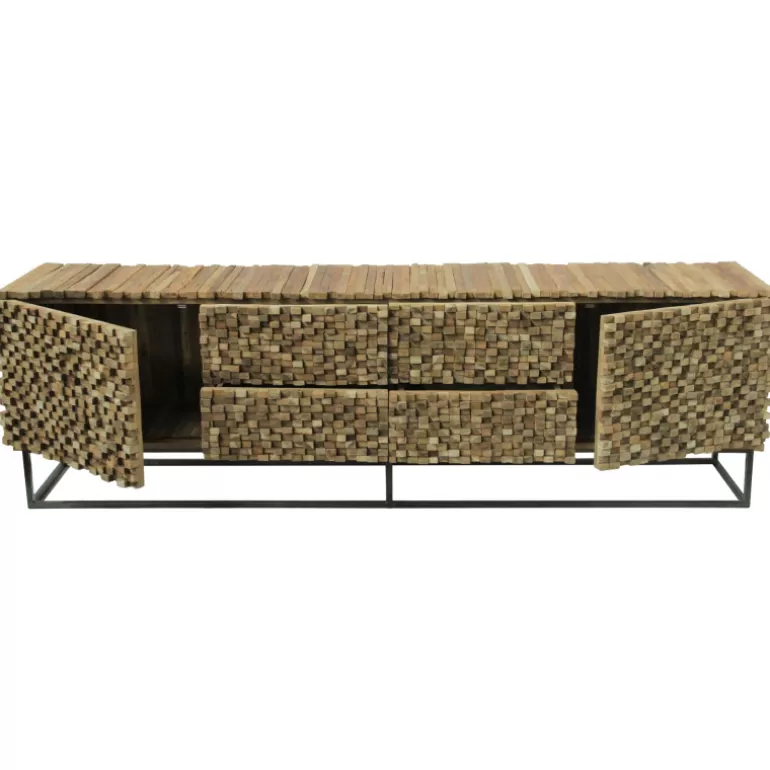 Bahut / Buffet bas 2 portes 4 tiroirs en relief en teck massif recyclé - Orlando 230cm<Meubles Moss Shop