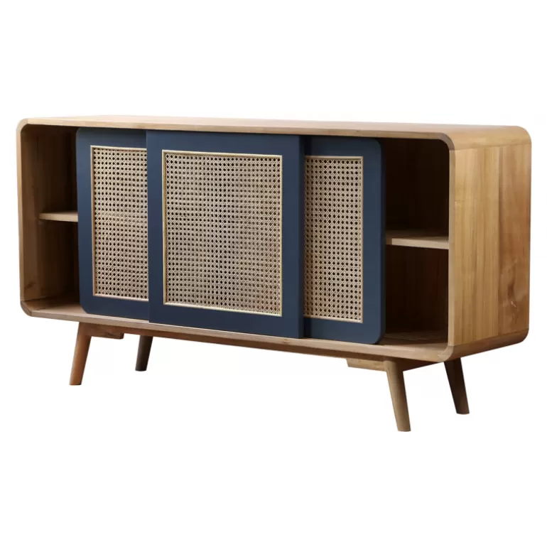 Buffet 3 portes style rétro cannage en bois et rotin - Kananta<Meubles Moss Sale