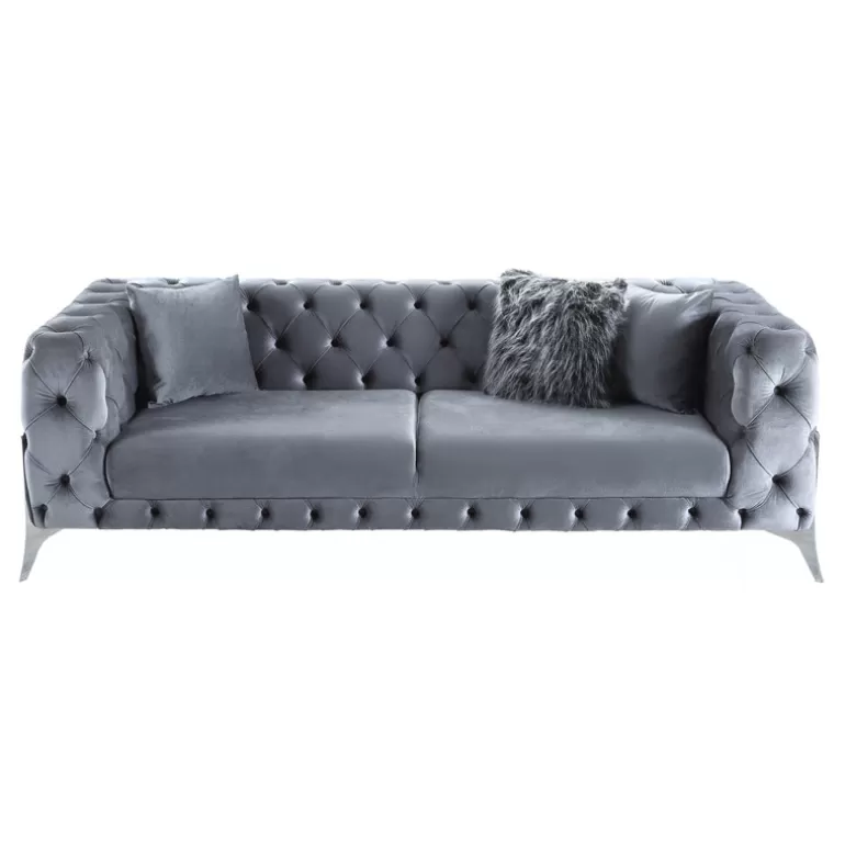 Canapé 3 places capitonné en velours pieds chromé - Sivas<Meubles Moss Discount