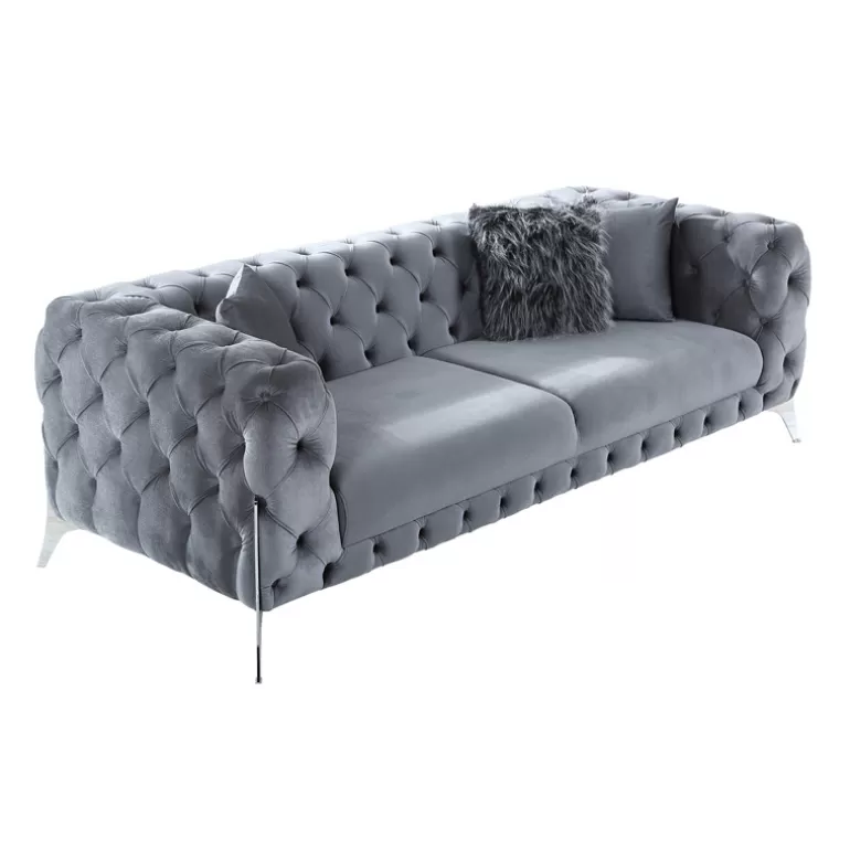 Canapé 3 places capitonné en velours pieds chromé - Sivas<Meubles Moss Discount