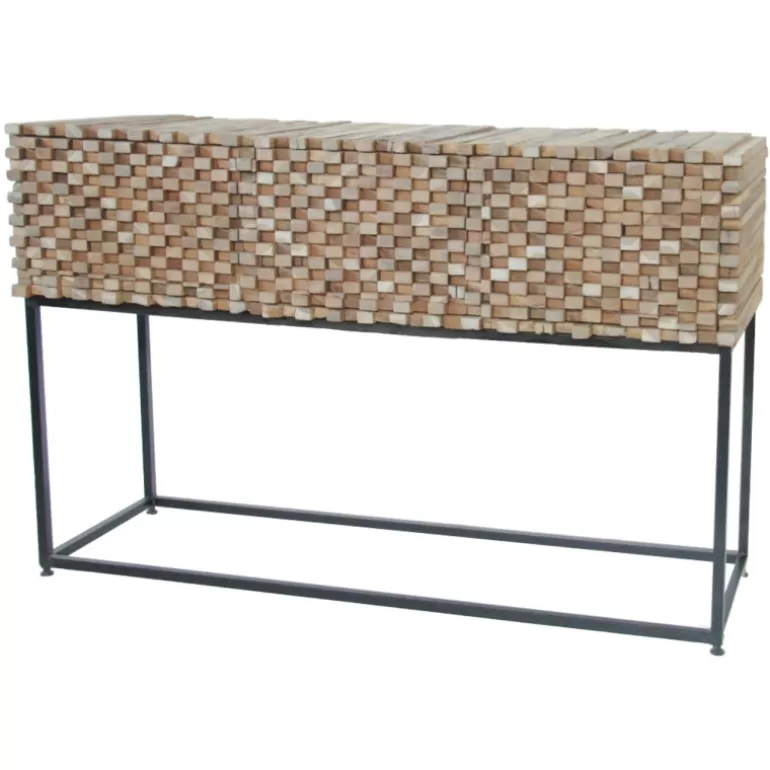Console 3 tiroirs en relief en bois de teck massif recyclé pied métal - Orlando 125cm<Meubles Moss Cheap