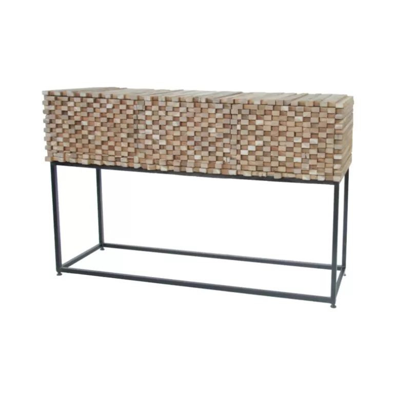 Console 3 tiroirs en relief en bois de teck massif recyclé pied métal - Orlando 125cm<Meubles Moss Cheap