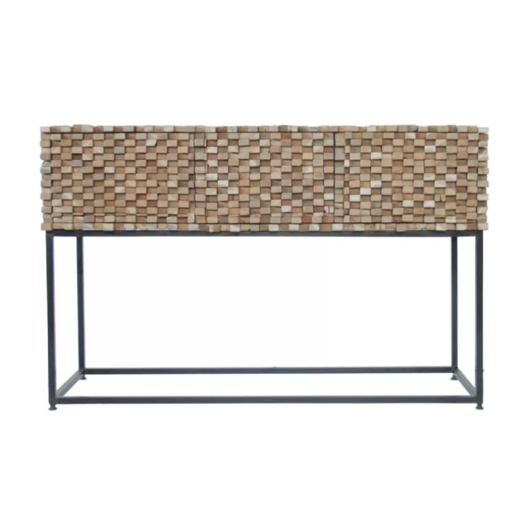 Console 3 tiroirs en relief en bois de teck massif recyclé pied métal - Orlando 125cm<Meubles Moss Cheap