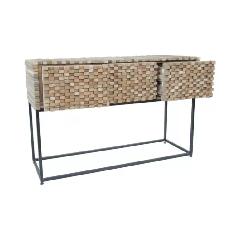 Console 3 tiroirs en relief en bois de teck massif recyclé pied métal - Orlando 125cm<Meubles Moss Cheap