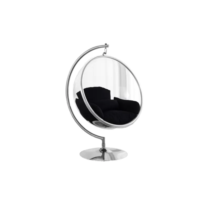 Fauteuil boule suspendu en métal argenté avec coussin noir - Sumba<Meubles Moss Online