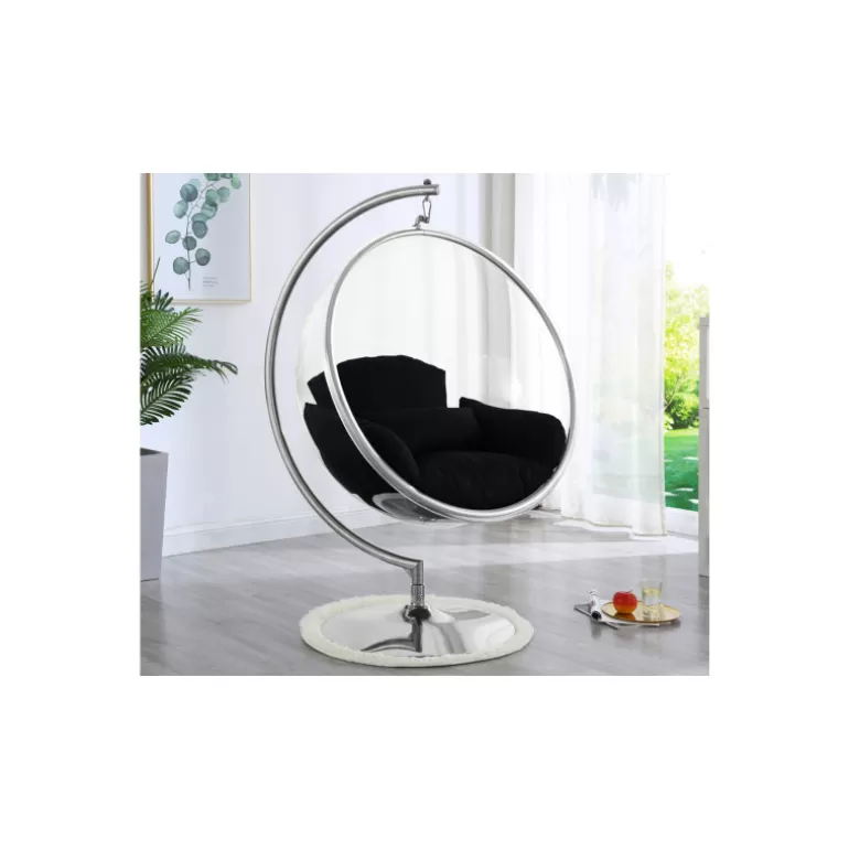 Fauteuil boule suspendu en métal argenté avec coussin noir - Sumba<Meubles Moss Online