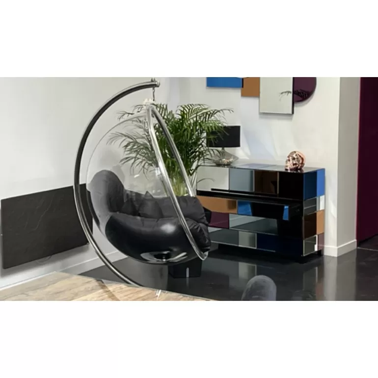 Fauteuil boule suspendu en métal argenté avec coussin noir - Sumba<Meubles Moss Online