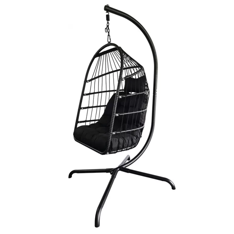 Fauteuil boule suspendu en rotin noir pied métal noir - Kanpur<Meubles Moss Clearance
