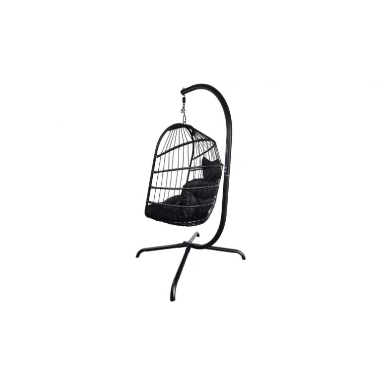 Fauteuil boule suspendu en rotin noir pied métal noir - Kanpur<Meubles Moss Clearance