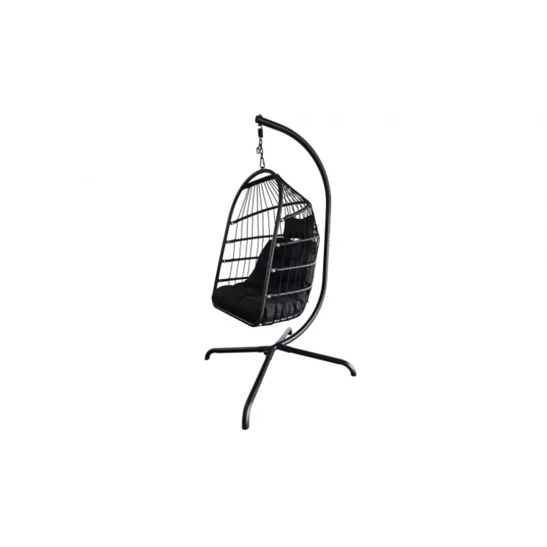 Fauteuil boule suspendu en rotin noir pied métal noir - Kanpur<Meubles Moss Clearance