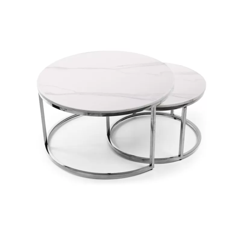 Lot de deux tables gigognes rondes effet marbre pieds inox - Juliette Ø60/80<Meubles Moss Fashion