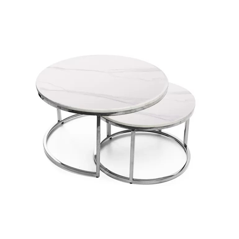 Lot de deux tables gigognes rondes effet marbre pieds inox - Juliette Ø60/80<Meubles Moss Fashion