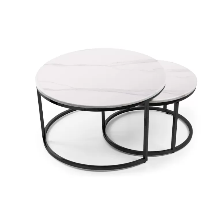 Lot de deux tables gigognes rondes effet marbre pieds noirs - Carrare Ø60/80<Meubles Moss Outlet