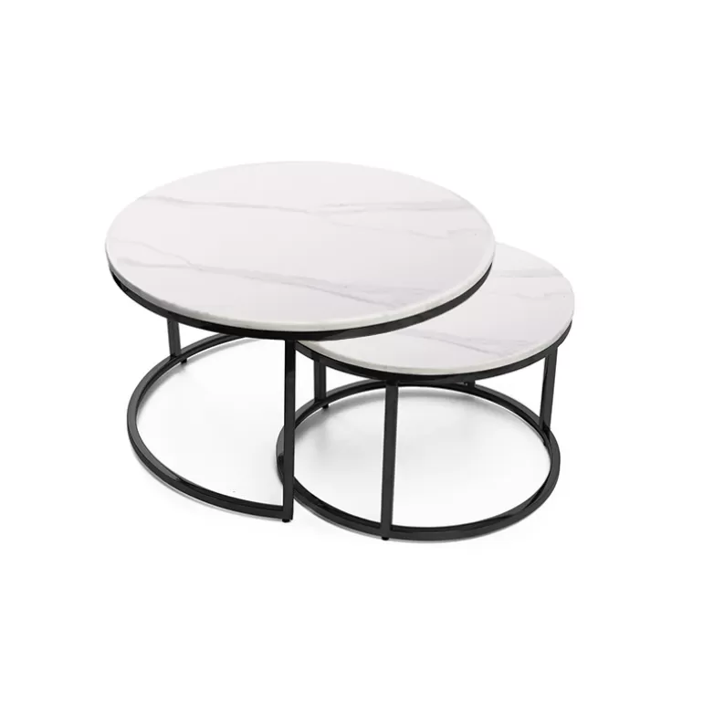 Lot de deux tables gigognes rondes effet marbre pieds noirs - Carrare Ø60/80<Meubles Moss Outlet