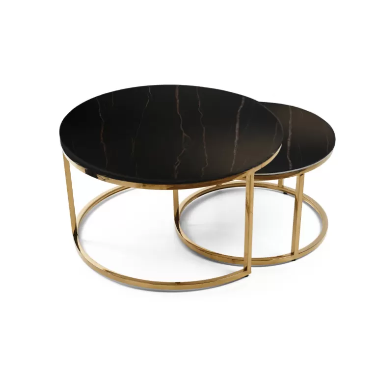 Lot de deux tables gigognes rondes effet marbre pieds dorés - Julia Ø60/80<Meubles Moss New