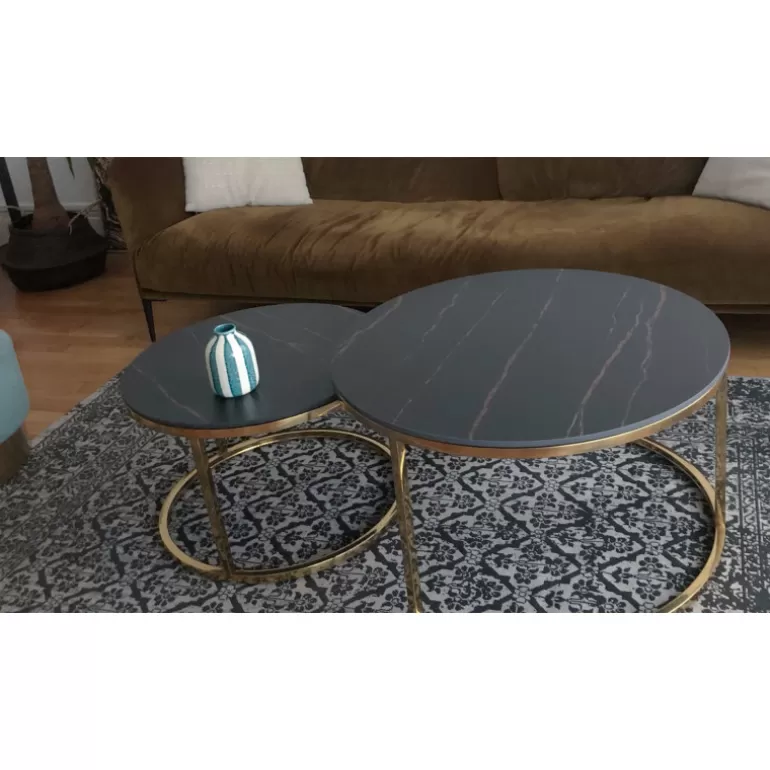 Lot de deux tables gigognes rondes effet marbre pieds dorés - Julia Ø60/80<Meubles Moss New