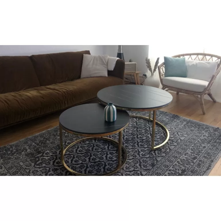 Lot de deux tables gigognes rondes effet marbre pieds dorés - Julia Ø60/80<Meubles Moss New