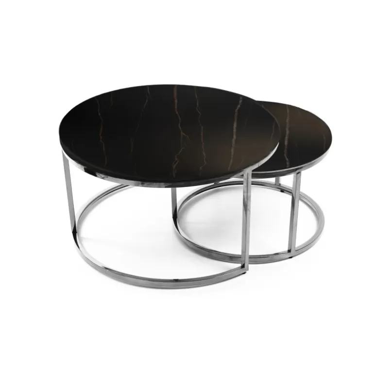 Lot de deux tables gigognes rondes effet marbre pieds inox - Emilio Ø60/80<Meubles Moss Store