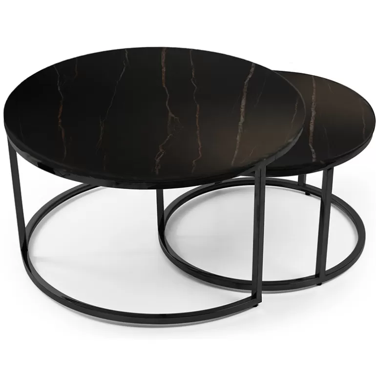 Lot de deux tables gigognes rondes effet marbre pieds s - Lisa Ø60/80<Meubles Moss Store
