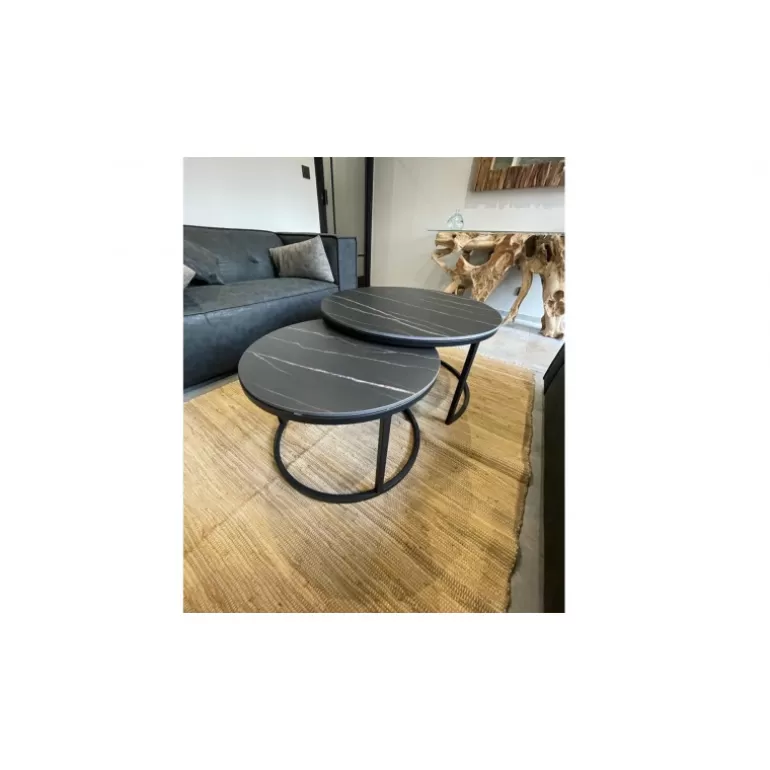 Lot de deux tables gigognes rondes effet marbre pieds s - Lisa Ø60/80<Meubles Moss Store