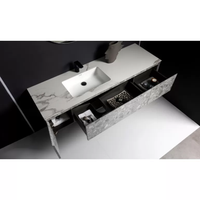 Meuble de salle de bain effet marbre blanc et pierre - Leon 135cm<Meubles Moss Cheap