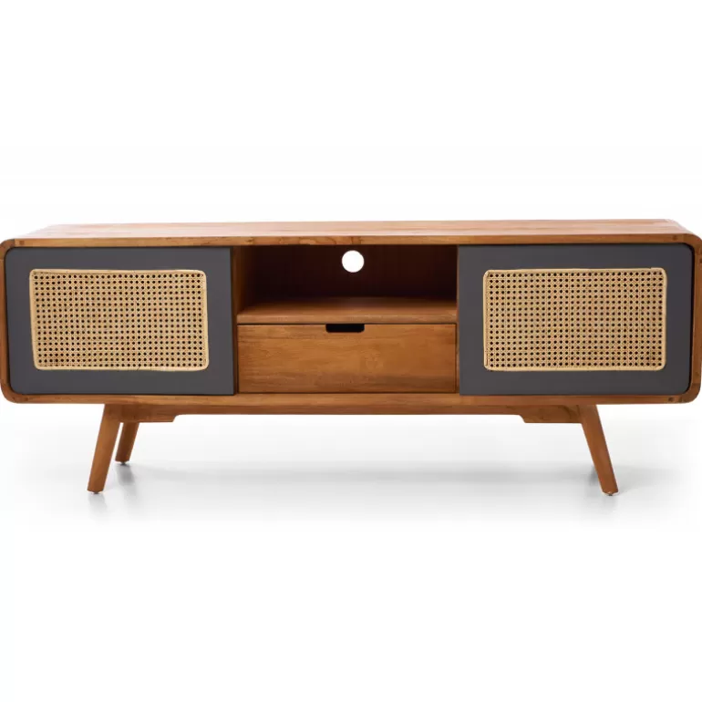 Meuble TV 2 portes 1 tiroir cannage en bois et rotin - Kananta 152cm<Meubles Moss Online