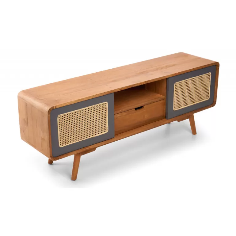 Meuble TV 2 portes 1 tiroir cannage en bois et rotin - Kananta 152cm<Meubles Moss Online