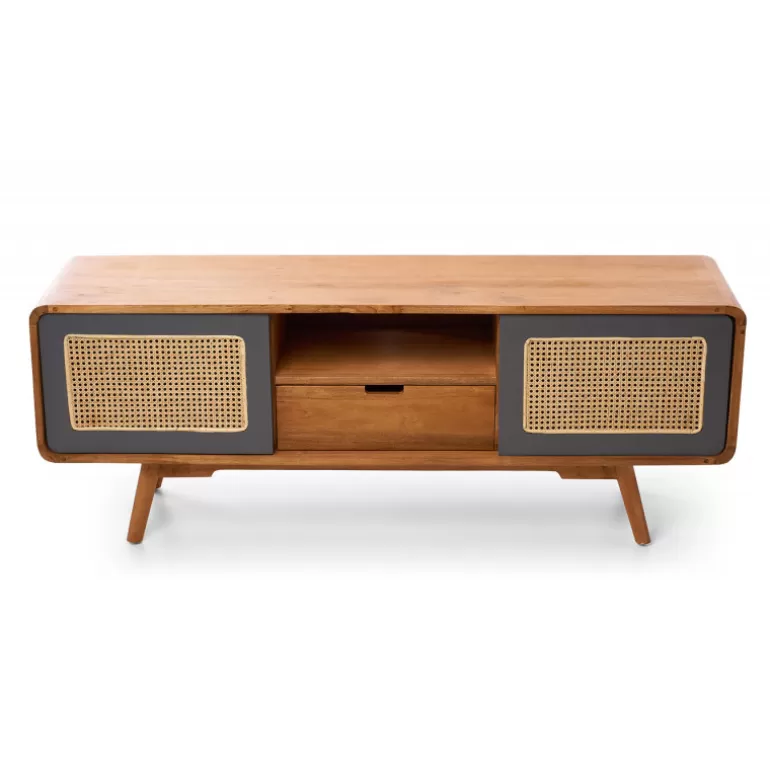 Meuble TV 2 portes 1 tiroir cannage en bois et rotin - Kananta 152cm<Meubles Moss Online
