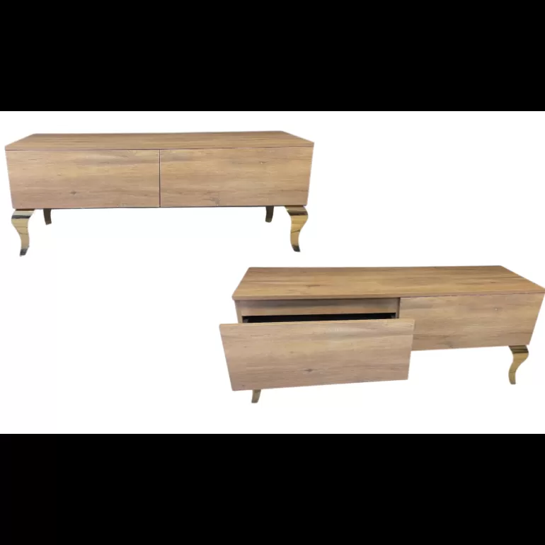 Meuble TV 2 tiroirs - Betty BOIS pieds dorés 140cm<Meubles Moss Flash Sale