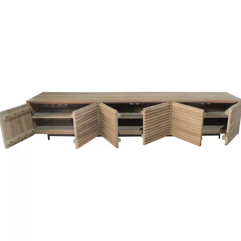 Meuble TV bas 6 portes en bois de teck lignes verticales - Cordova 240cm<Meubles Moss Best