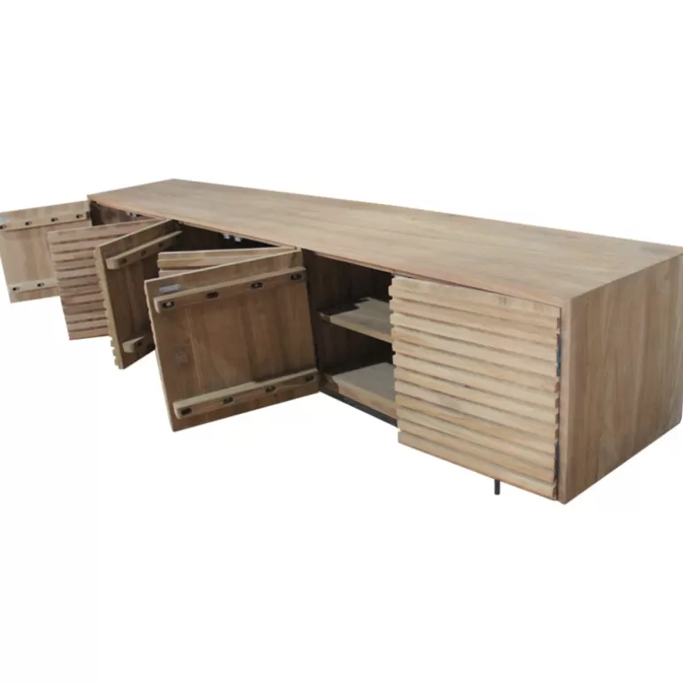Meuble TV bas 6 portes en bois de teck lignes verticales - Cordova 240cm<Meubles Moss Best