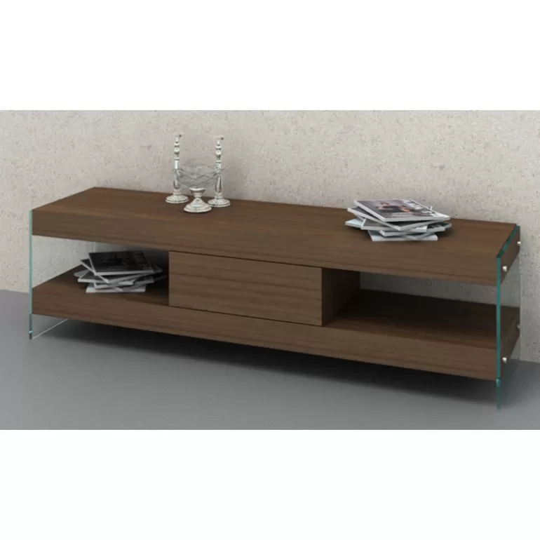 Meuble TV couleur noyer avec pieds en verre - Crystalline 185cm<Meubles Moss Outlet