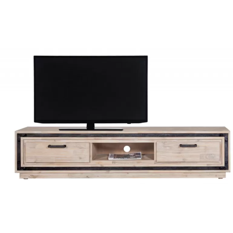 Meuble TV en bois massif d'Acacia et métal brossé - Amylton 180cm<Meubles Moss Best