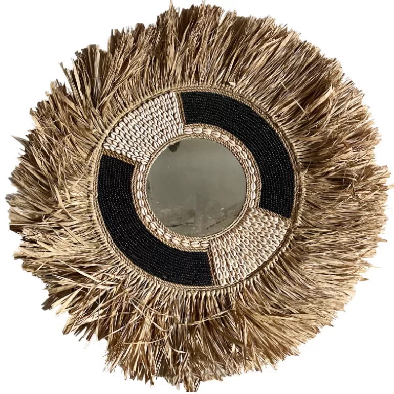Miroir rond raphia et coquillages - Mambasa Noir Ø60<Meubles Moss Shop