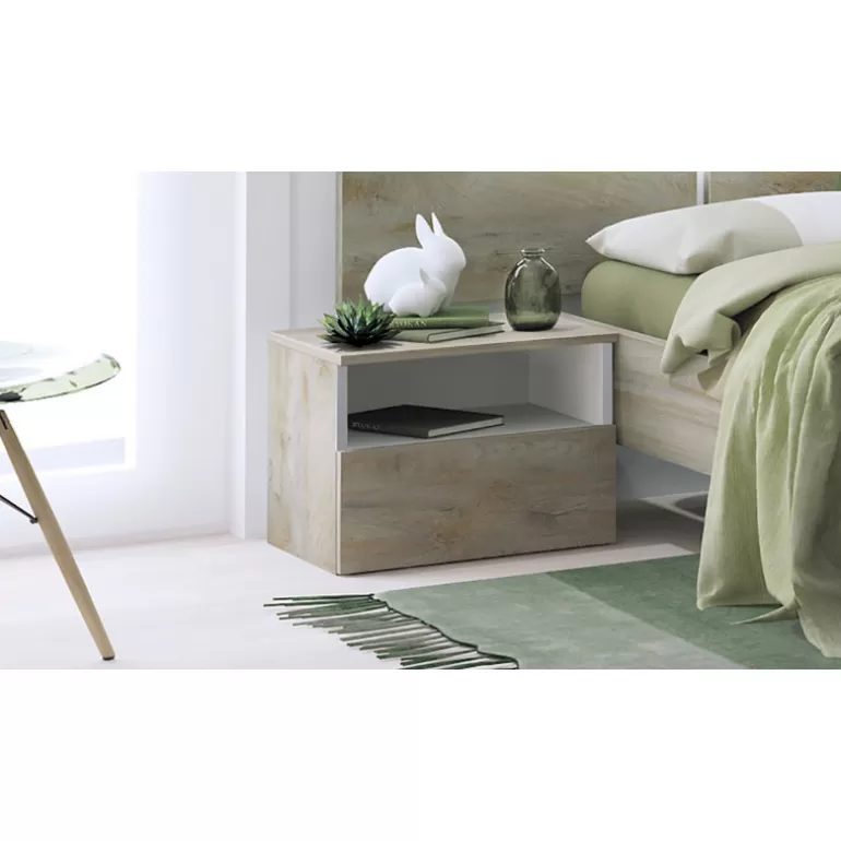 Prado - Chevet design 1 tiroir laquée blanc et aspect bois<Meubles Moss Discount