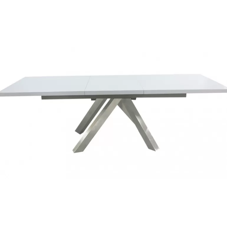 Table à manger plateau blanc brillant pied inox brossé - Roma<Meubles Moss Fashion