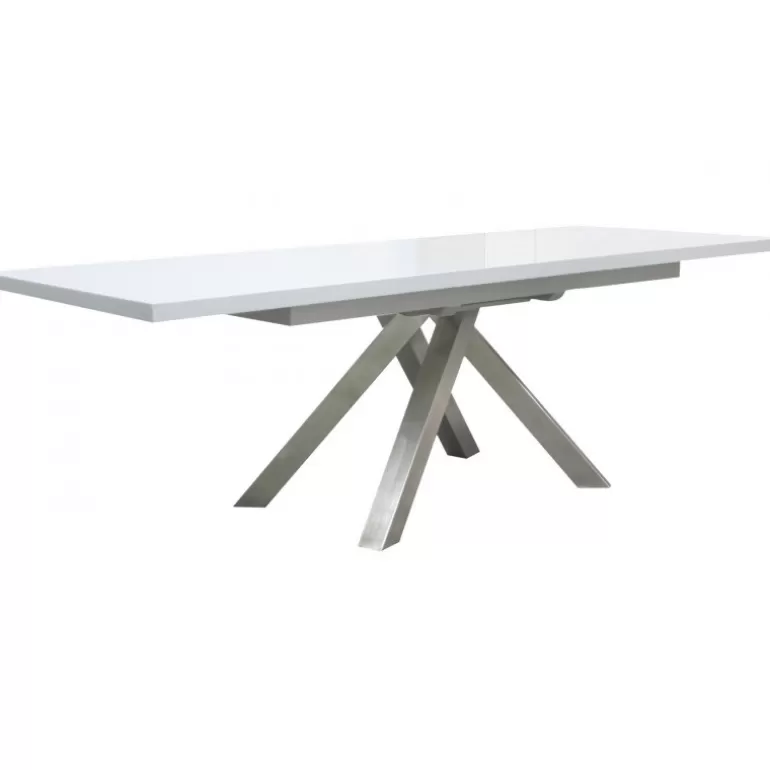 Table à manger plateau blanc brillant pied inox brossé - Roma<Meubles Moss Fashion