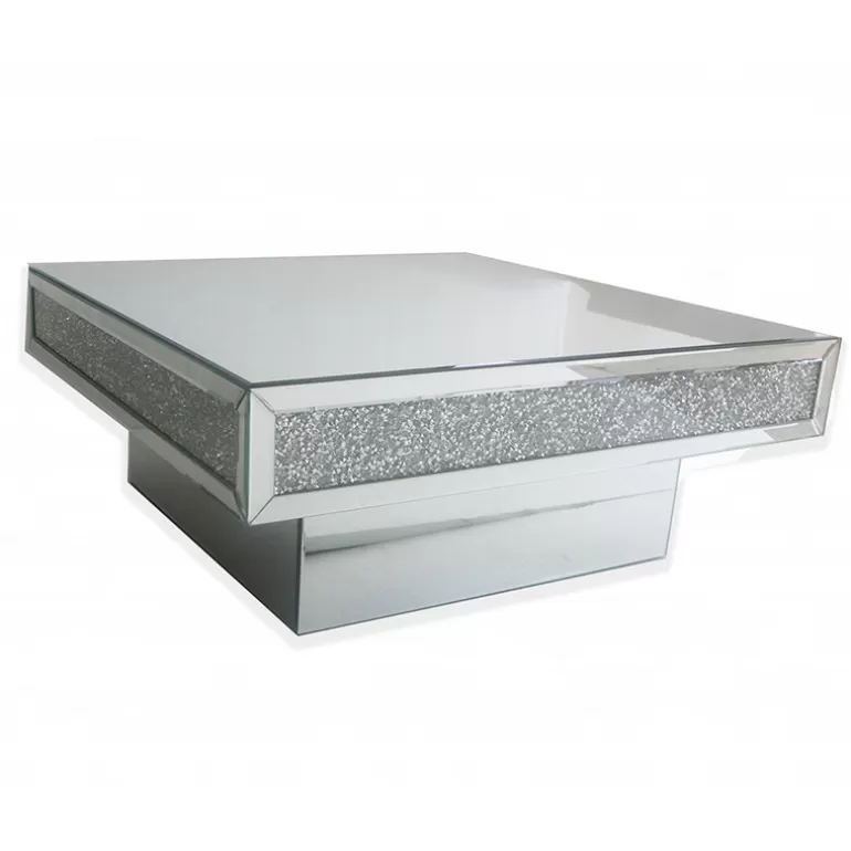 Table basse carrée en miroir et strass - Manihi 100x100<Meubles Moss Discount