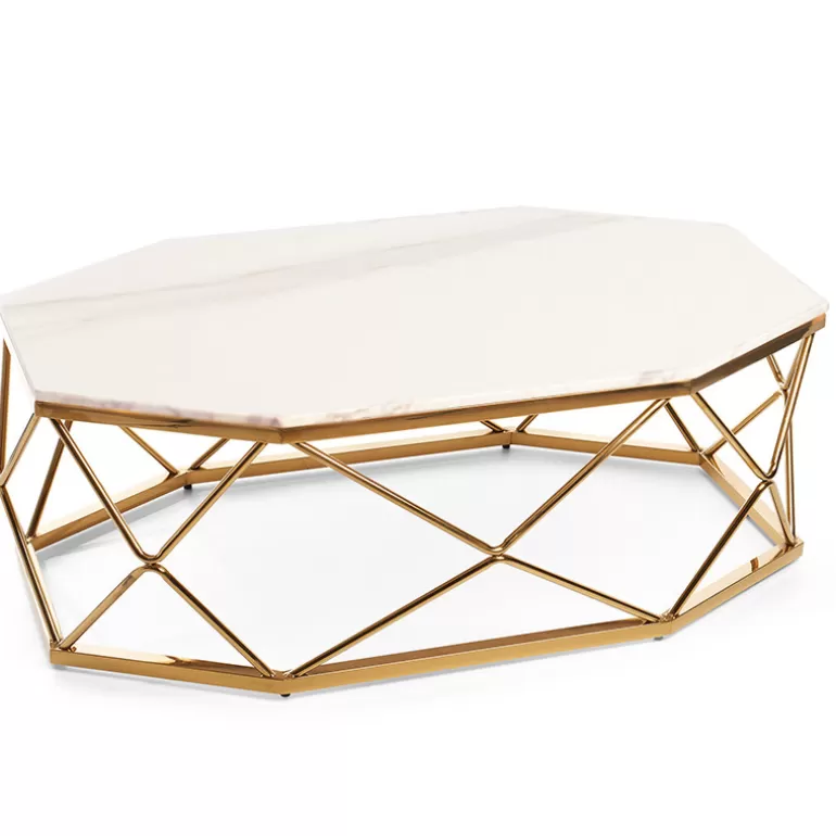 Table basse métal doré plateau effet marbre - Alyssa 120x70<Meubles Moss Cheap