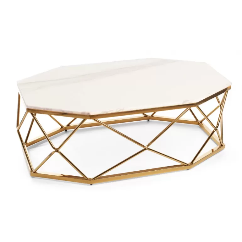 Table basse métal doré plateau effet marbre - Alyssa 120x70<Meubles Moss Cheap