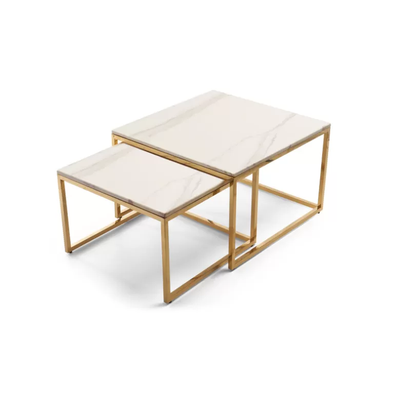 Tables basses gigognes carrées effet marbre et pieds dorés - Coline<Meubles Moss Flash Sale