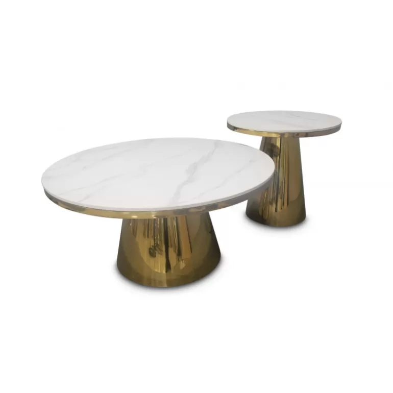 Tables basses gigognes lot de deux effet marbre pieds dorés - Anna Ø80/50<Meubles Moss Flash Sale