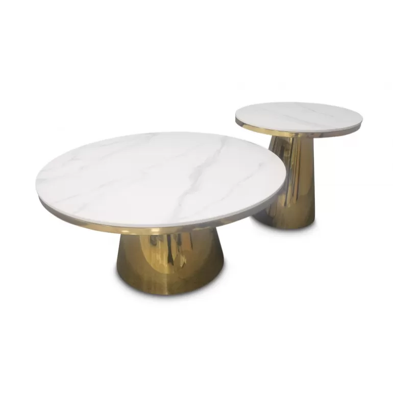 Tables basses gigognes lot de deux effet marbre pieds dorés - Anna Ø80/50<Meubles Moss Flash Sale