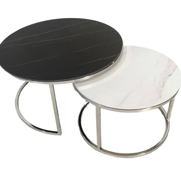 Tables gigognes rondes effet marbre noir et blanc pieds chromés - JESS Ø60/80<Meubles Moss Fashion