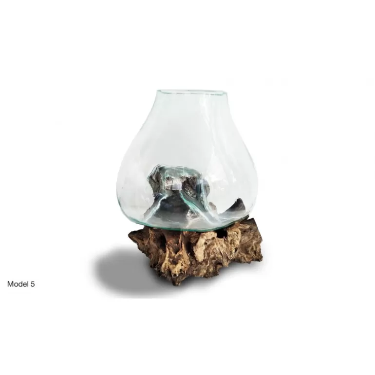 Vase en verre soufflé sur racine en bois de teck 40 x 60 cm - Jambi<Meubles Moss Discount